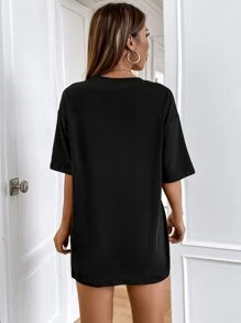 SHEIN Unity Letter Graphic Drop Shoulder Tee & Cycling Shorts - Black - View 2