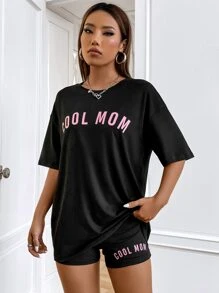 SHEIN Unity Letter Graphic Drop Shoulder Tee & Cycling Shorts - Black - View 3