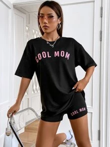 SHEIN Unity Letter Graphic Drop Shoulder Tee & Cycling Shorts - Black - View 5