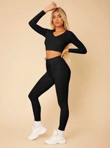 SHEIN PETITE Crop Ribbed Knit Tee & Tie Front Leggings - Black - View 1