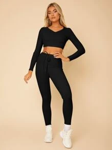 SHEIN PETITE Crop Ribbed Knit Tee & Tie Front Leggings - Black - View 3