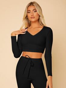 SHEIN PETITE Crop Ribbed Knit Tee & Tie Front Leggings - Black - View 4