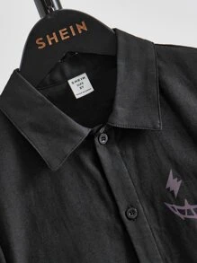 SHEIN Boys Reflective Flare Expression Print Shirt - Black - View 3