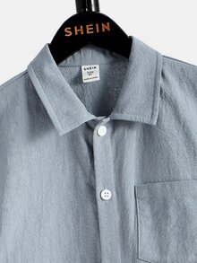 SHEIN Boys Pocket Patched Shirt & Drawstring Waist Shorts - Grey - View 3