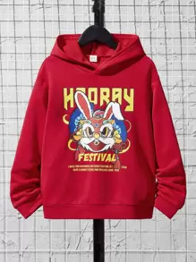 SHEIN Tween Boy Rabbit & Slogan Graphic Drop Shoulder Sweatshirt - Red - View 1