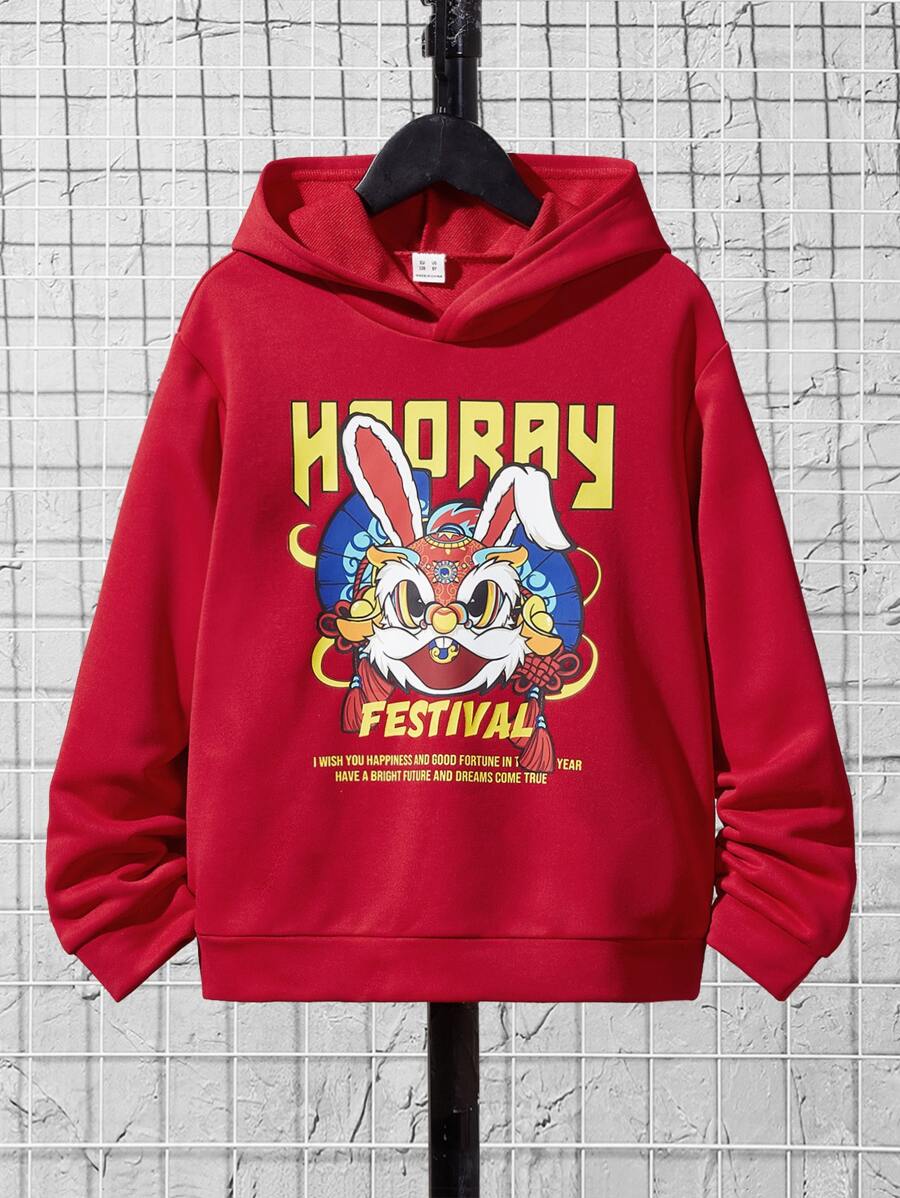 SHEIN Tween Boy Rabbit & Slogan Graphic Drop Shoulder Sweatshirt - Red - View 1