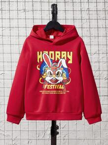 SHEIN Tween Boy Rabbit & Slogan Graphic Drop Shoulder Sweatshirt - Red - View 3