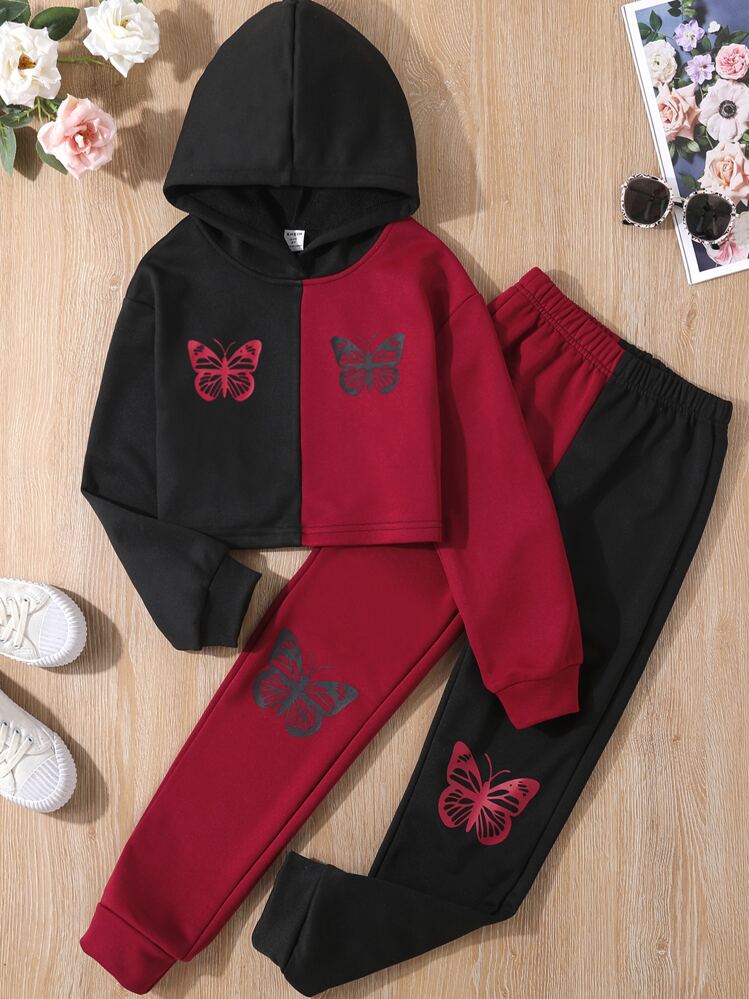 Girls Two Tone Butterfly Print Hoodie & Sweatpants - Burgundy - View 1
