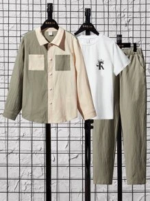 SHEIN 男孩撞色前口袋襯衫和褲子和字母圖案襯衫