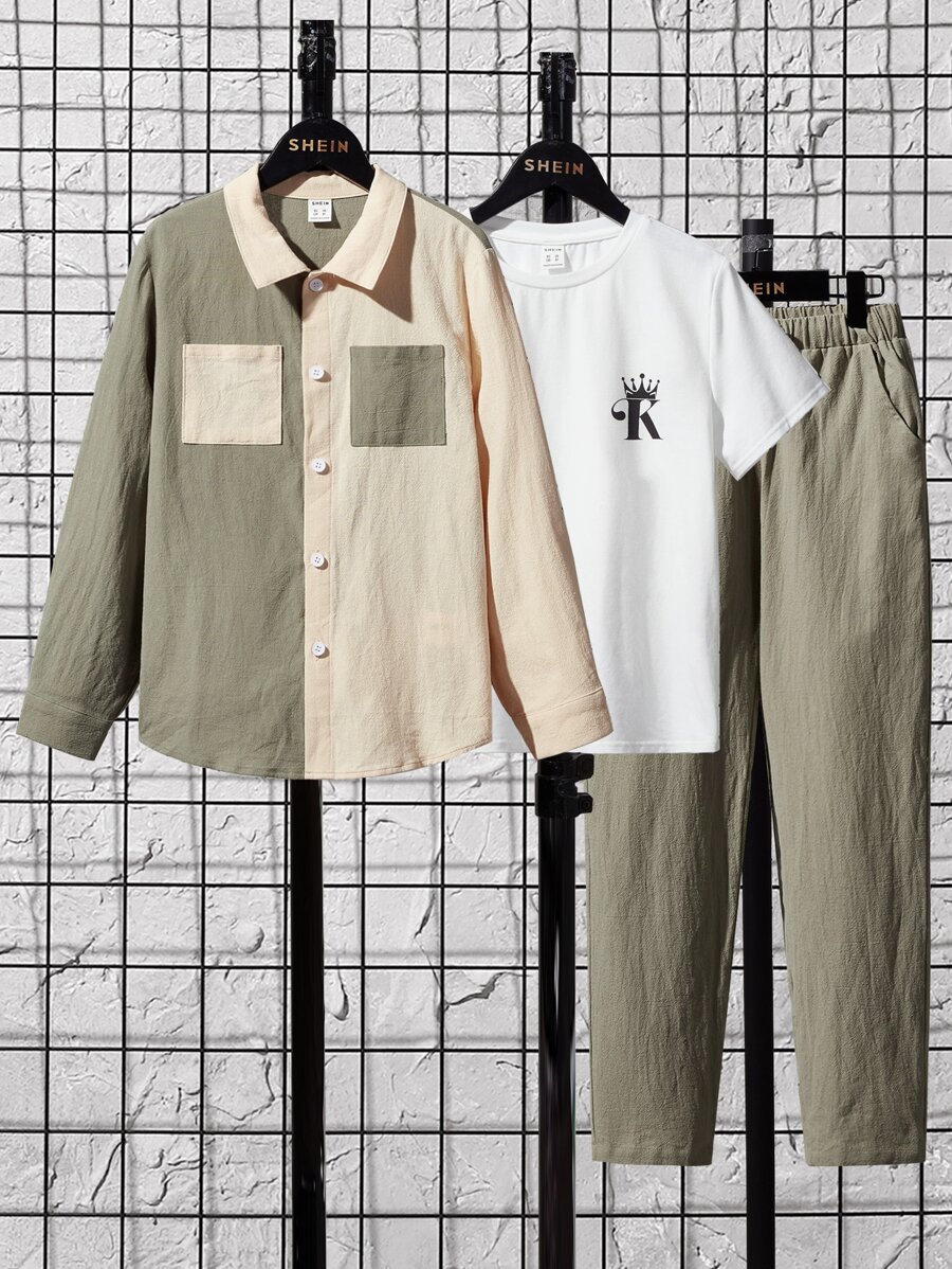 SHEIN 男孩撞色前口袋襯衫和褲子和字母圖案襯衫