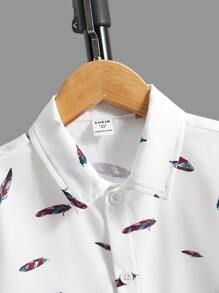 SHEIN Boys Feather Print Shirt & Drawstring Waist Shorts - Black and White - View 4