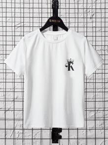 SHEIN 男孩撞色前口袋襯衫和褲子和字母圖案襯衫