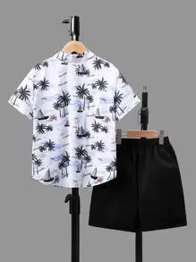 SHEIN Leap Crew Tween Boy Tropical Print Shirt & Drawstring Waist Shorts - Black - View 2