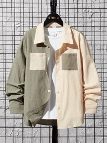 SHEIN 男孩撞色前口袋襯衫和褲子和字母圖案襯衫