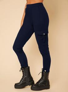 SHEIN PETITE Elastic Waist Cargo Cropped Trousers - Navy Blue - View 4