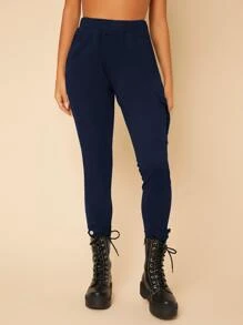 SHEIN PETITE Elastic Waist Cargo Cropped Trousers - Navy Blue - View 1