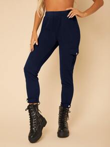 SHEIN PETITE Elastic Waist Cargo Cropped Trousers - Navy Blue - View 3