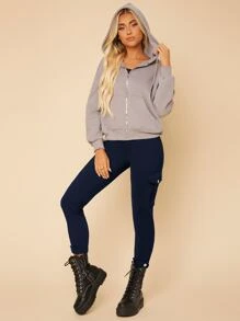 SHEIN PETITE Elastic Waist Cargo Cropped Trousers - Navy Blue - View 5
