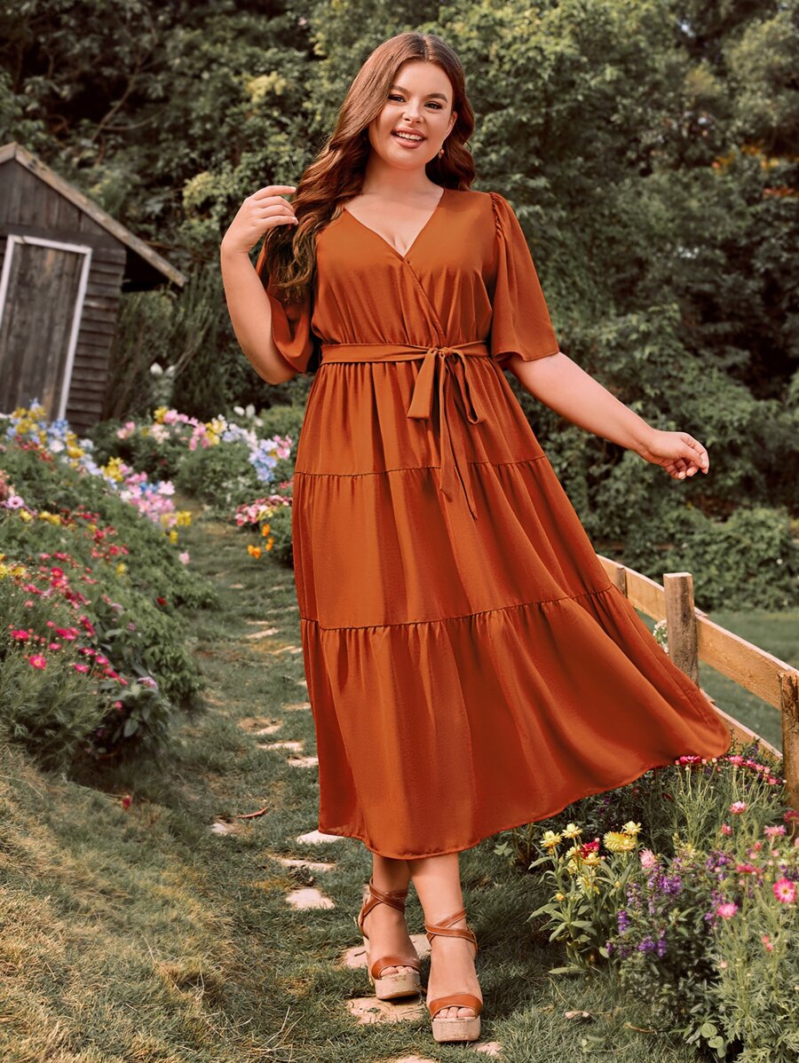 SHEIN VCAY Plus Butterfly Sleeve Ruffle Hem Belted Dress - Burnt Orange - View 1
