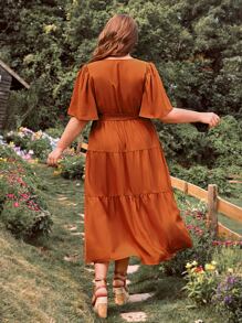 SHEIN VCAY Plus Butterfly Sleeve Ruffle Hem Belted Dress - Burnt Orange - View 2