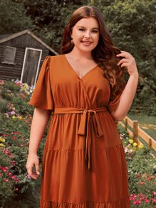 SHEIN VCAY Plus Butterfly Sleeve Ruffle Hem Belted Dress - Burnt Orange - View 4