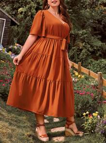 SHEIN VCAY Plus Butterfly Sleeve Ruffle Hem Belted Dress - Burnt Orange - View 5