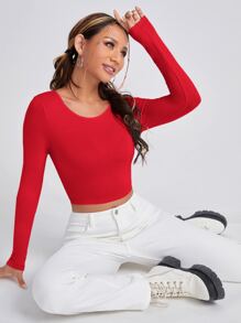 SHEIN PETITE Solid Tie Back Crop Tee - Red - View 6
