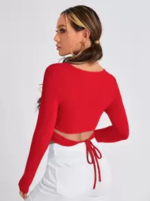 SHEIN PETITE Solid Tie Back Crop Tee - Red - View 1