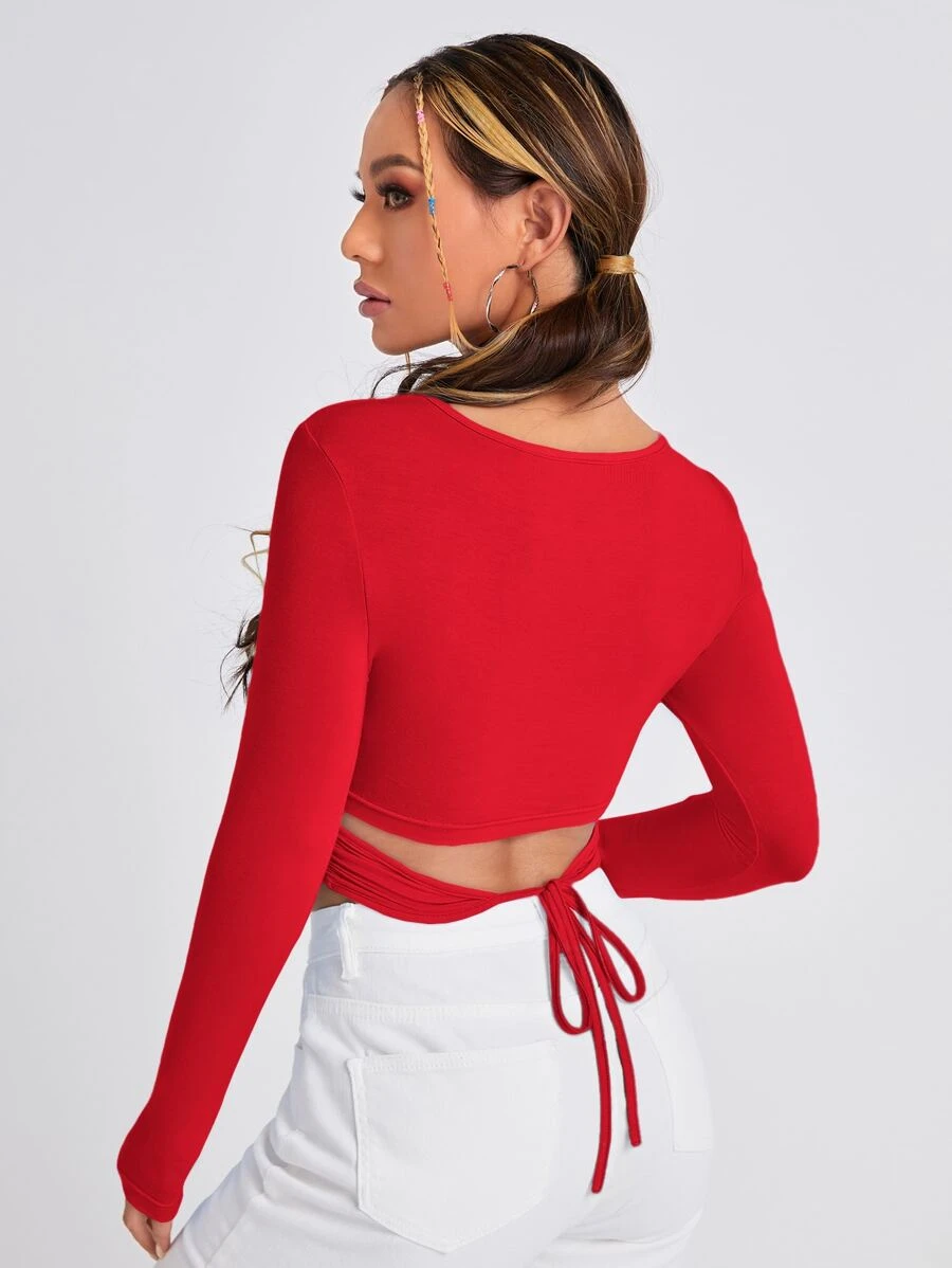 SHEIN PETITE Solid Tie Back Crop Tee - Red - View 1