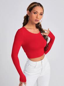 SHEIN PETITE Solid Tie Back Crop Tee - Red - View 2