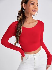 SHEIN PETITE Solid Tie Back Crop Tee - Red - View 3