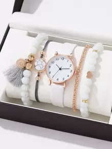 1 pieza Reloj cuarzo de puntero redondo & 4 piezas Pulsera - Blanco - Ver 1