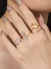 3pcs Cubic Zirconia & Butterfly Decor Ring - Gold - View 1