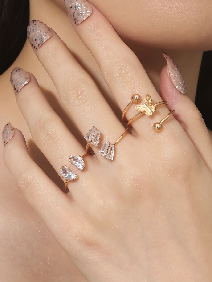 3pcs Cubic Zirconia & Butterfly Decor Ring - Gold - View 1