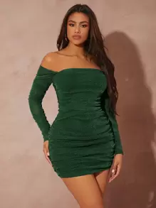 SHEIN SXY Off Shoulder Ruched Glitter Bodycon Dress - Dark Green - View 1