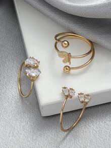 3pcs Cubic Zirconia & Butterfly Decor Ring - Gold - View 3