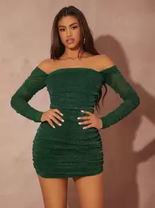 SHEIN SXY Off Shoulder Ruched Glitter Bodycon Dress - Dark Green - View 5
