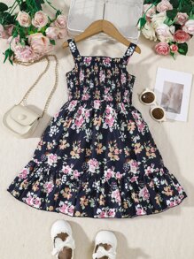 Toddler Girls Floral Print Ruffle Hem Cami Dress - Black - View 1