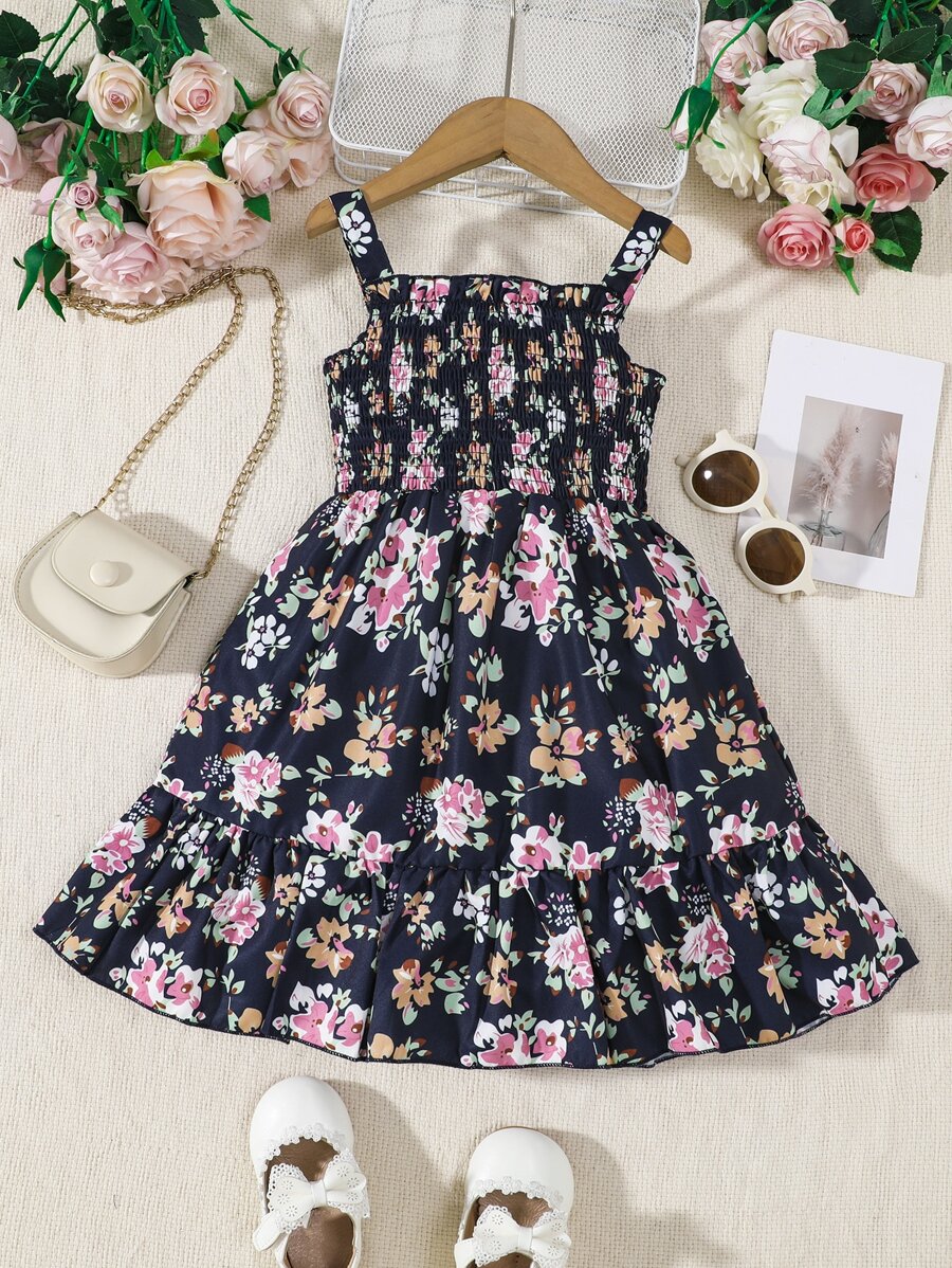 Toddler Girls Floral Print Ruffle Hem Cami Dress - Black - View 1