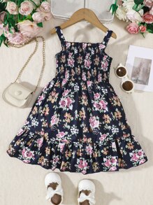 Toddler Girls Floral Print Ruffle Hem Cami Dress - Black - View 2