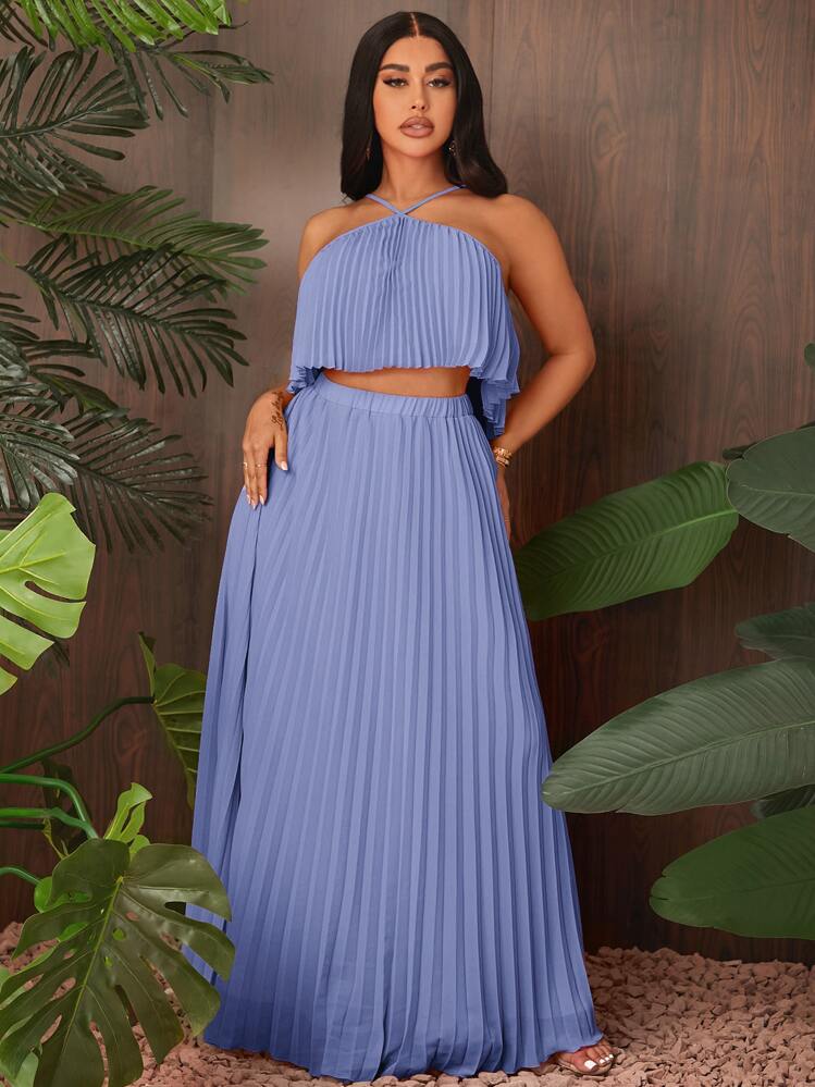 SHEIN SXY Veckade Enkel Boho Tvådelad Outfit - Blå - Visa 4