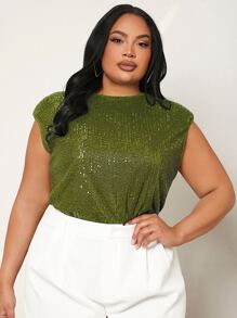 SHEIN SXY Plus Keyhole Back Sequins Top - Olive Green - View 1