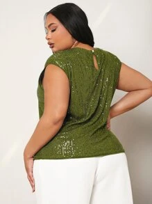SHEIN SXY Plus Keyhole Back Sequins Top - Olive Green - View 2