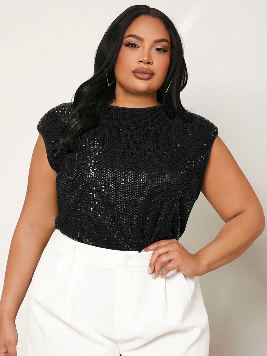 SHEIN SXY Plus Keyhole Back Sequins Top - Black - View 1