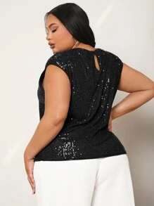 SHEIN SXY Plus Keyhole Back Sequins Top - Black - View 2