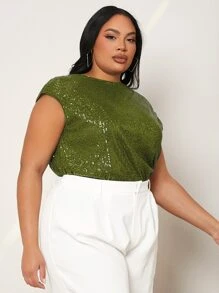 SHEIN SXY Plus Keyhole Back Sequins Top - Olive Green - View 5