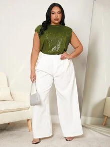 SHEIN SXY Plus Keyhole Back Sequins Top - Olive Green - View 6