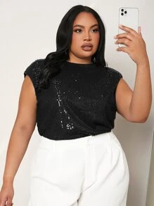 SHEIN SXY Plus Keyhole Back Sequins Top - Black - View 4
