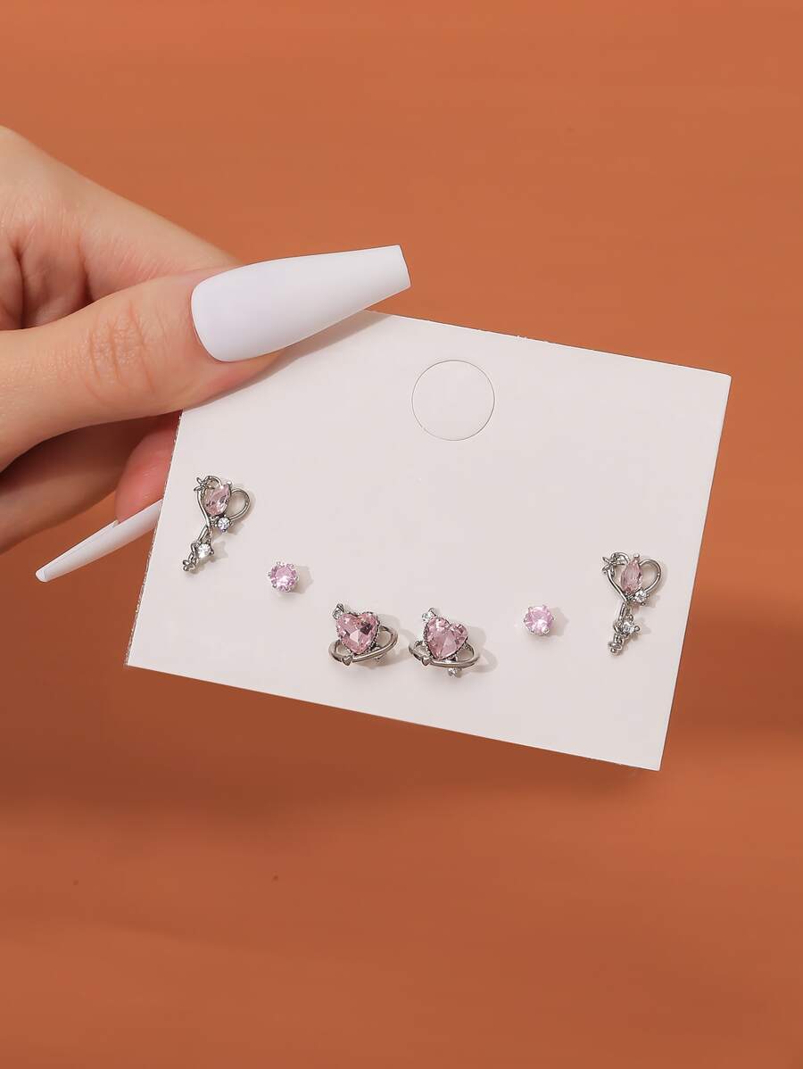 3pairs Cubic Zirconia Heart Design Stud Earrings Valentines