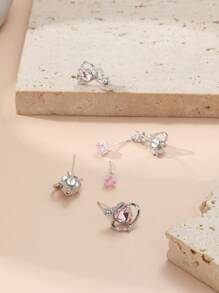 3pairs Cubic Zirconia Heart Design Stud Earrings Valentines